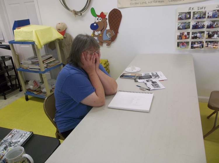 This is Lisa Johnson, one of our artists. At our most recent gathering she got a little stuck. It happens. Joy comes in working through the sticking points however big or small they might be. Some call this suffering for your art. I call it creative discipline. 