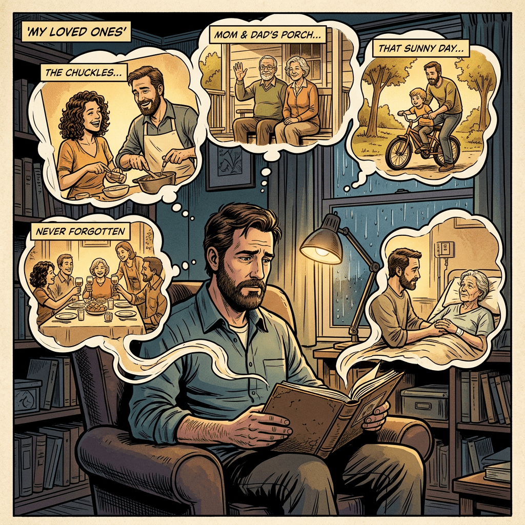 Man sitting in armchair reading book and reminiscing family scenes including parents, a sunny bike ride, and a family dinner.