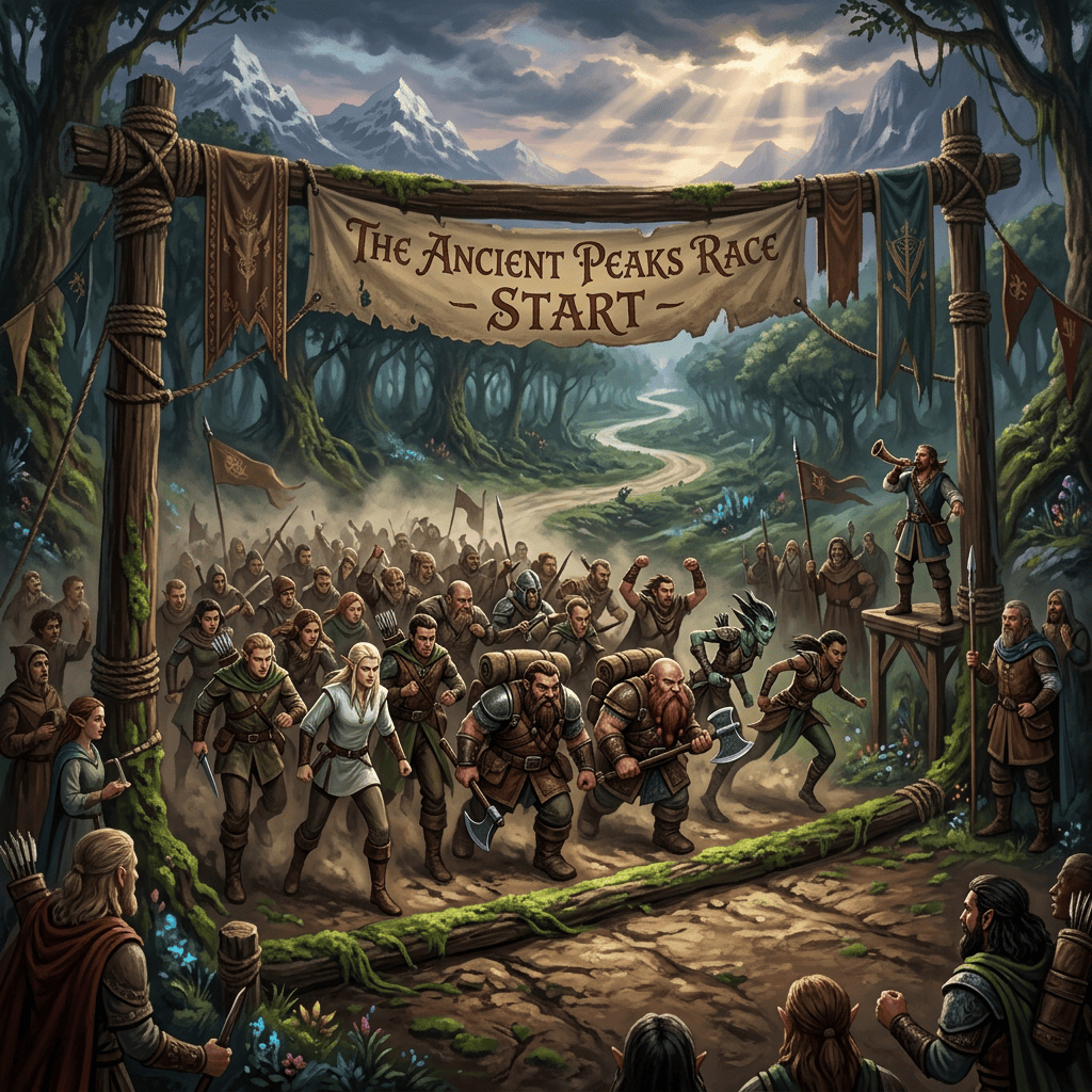 Fantasy adventurers start a race beneath a banner reading “The Ancient Peaks Race — Start.”
